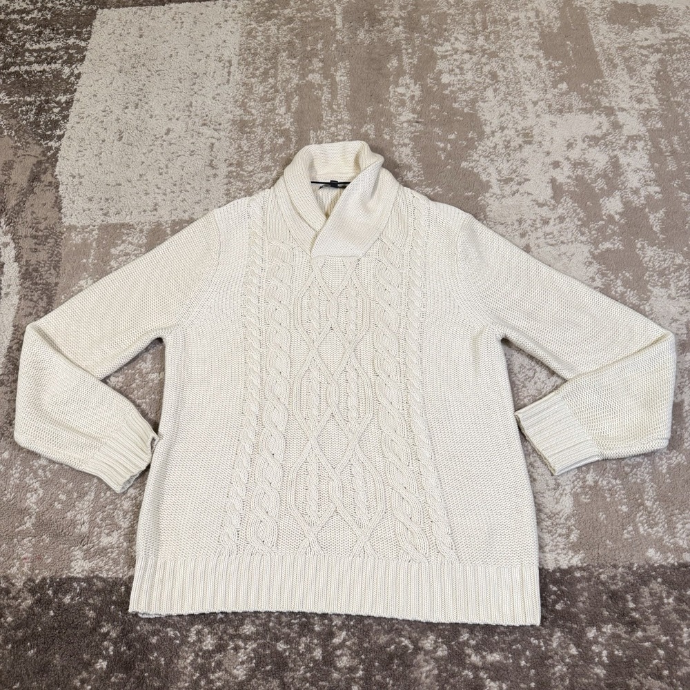 Banana Republic Sweater Mens Large Cream Fisherman Shawl Cable Knit Thick 3D